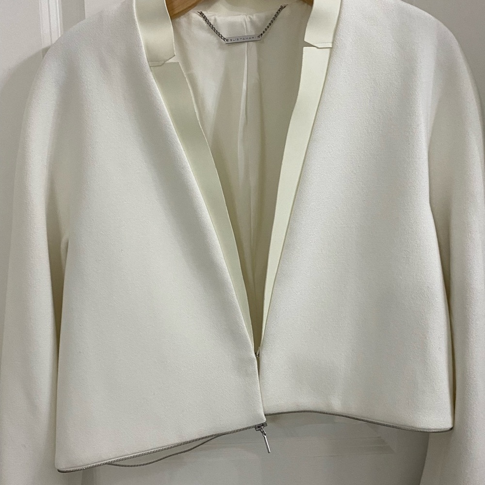 Winter white tuxedo style jacket with removable bottom to convert to cropped